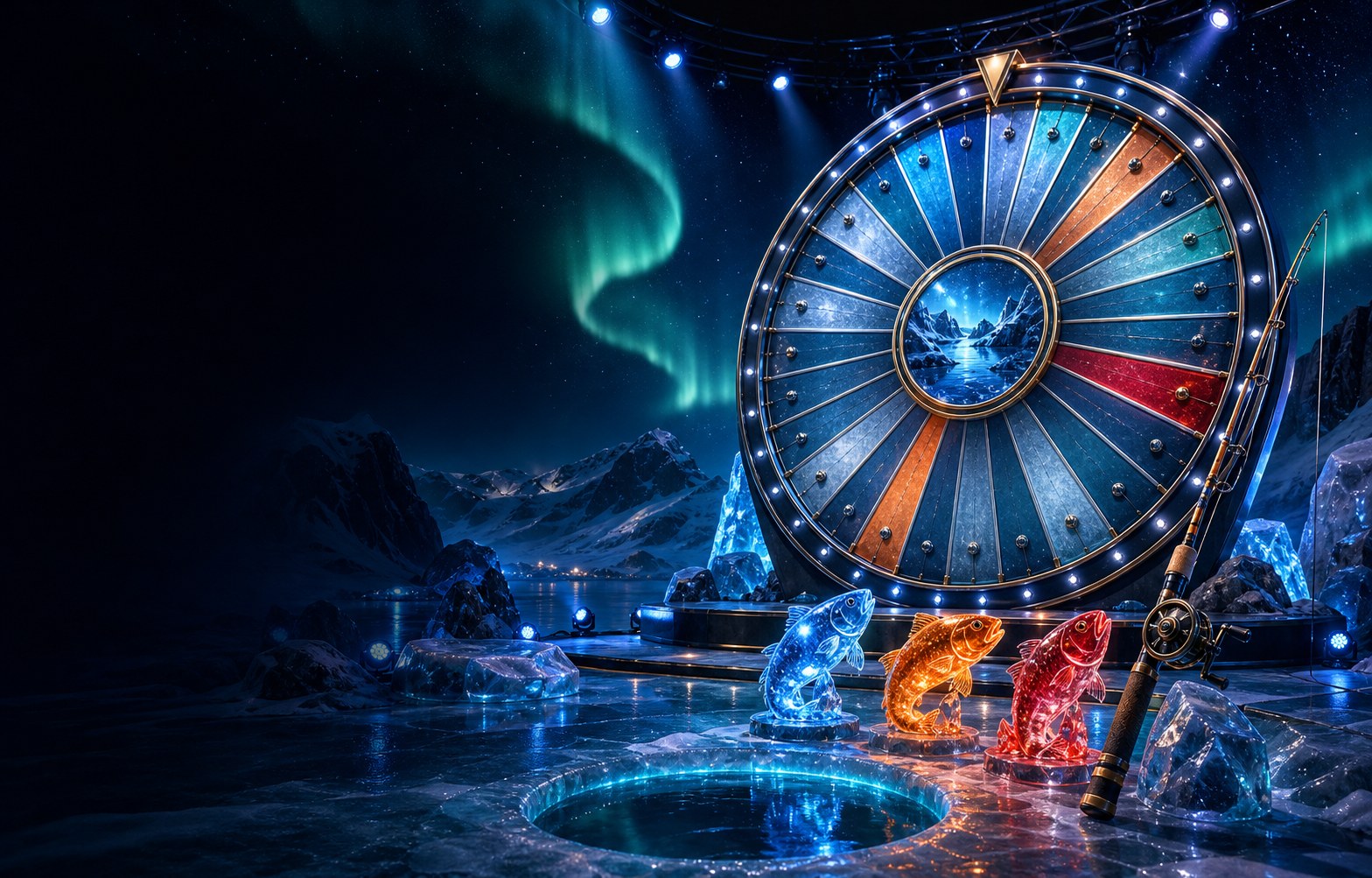 Original illustration af et frossent gameshowhjul under nordlys med tre farverige fiskemotiver.